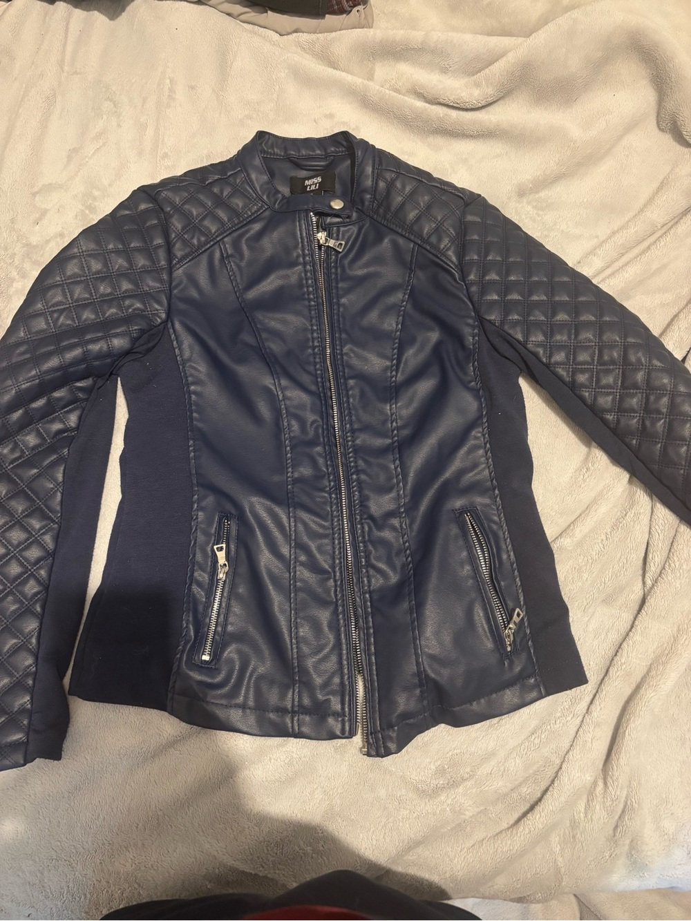 Miss Lili Quilted Faux-Leather Jacket in Navy Blue
